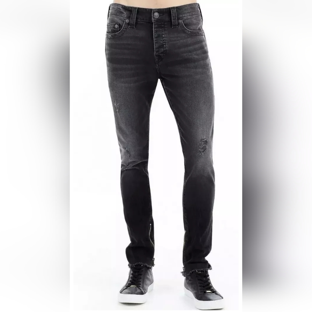 True Religion FINN FRAYED SKINNY MENS JEAN Black zippers size 28